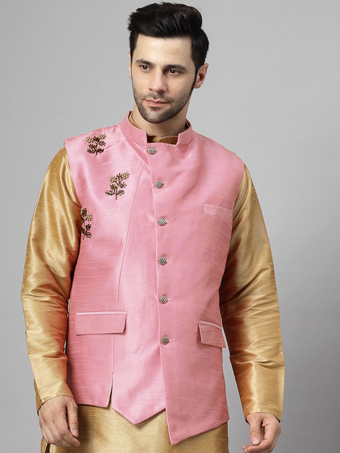 

Utsav Fashion Men Hand Embroidered Asymmetric Nehru Jacket, Pink