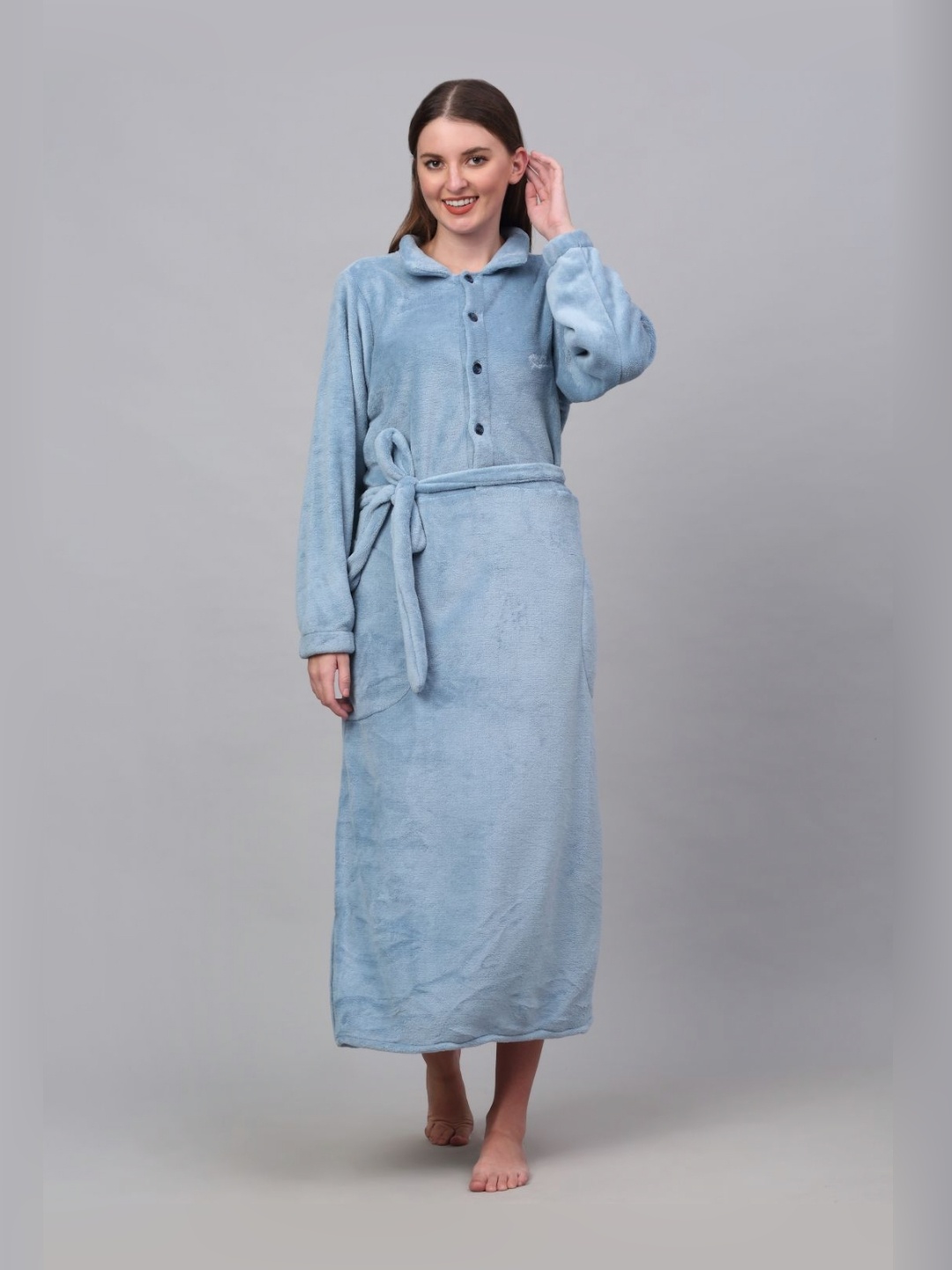 

KLOTTHE Blue Shirt Collar Woollen Bath Robe With Belt