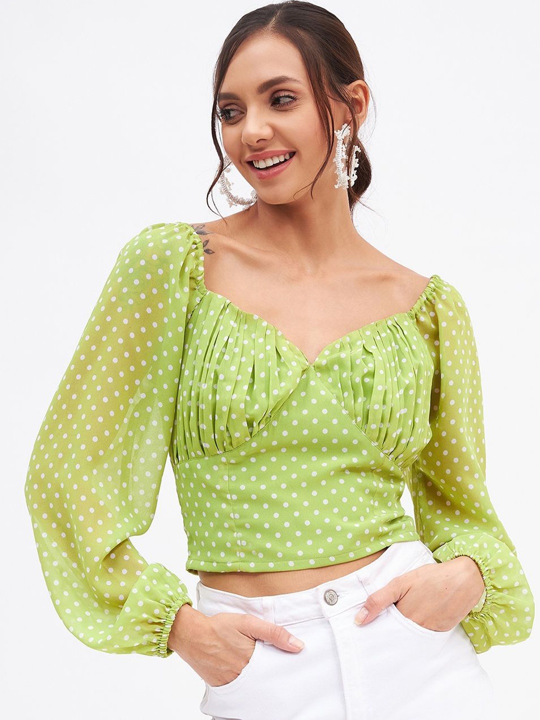 

Kibo Women Polka Dot Print Sweetheart Neck Puff Sleeve Blouson Top, Green