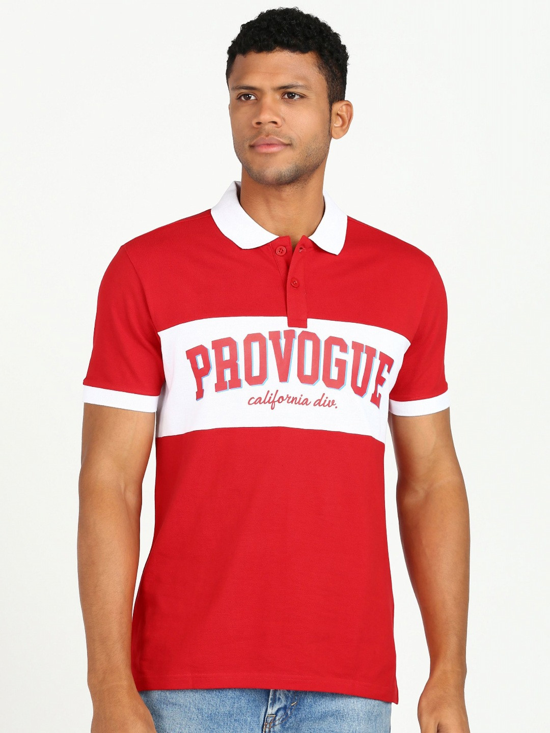 

Provogue Men Typography Colourblocked Polo Collar Applique Slim Fit T-shirt, Red