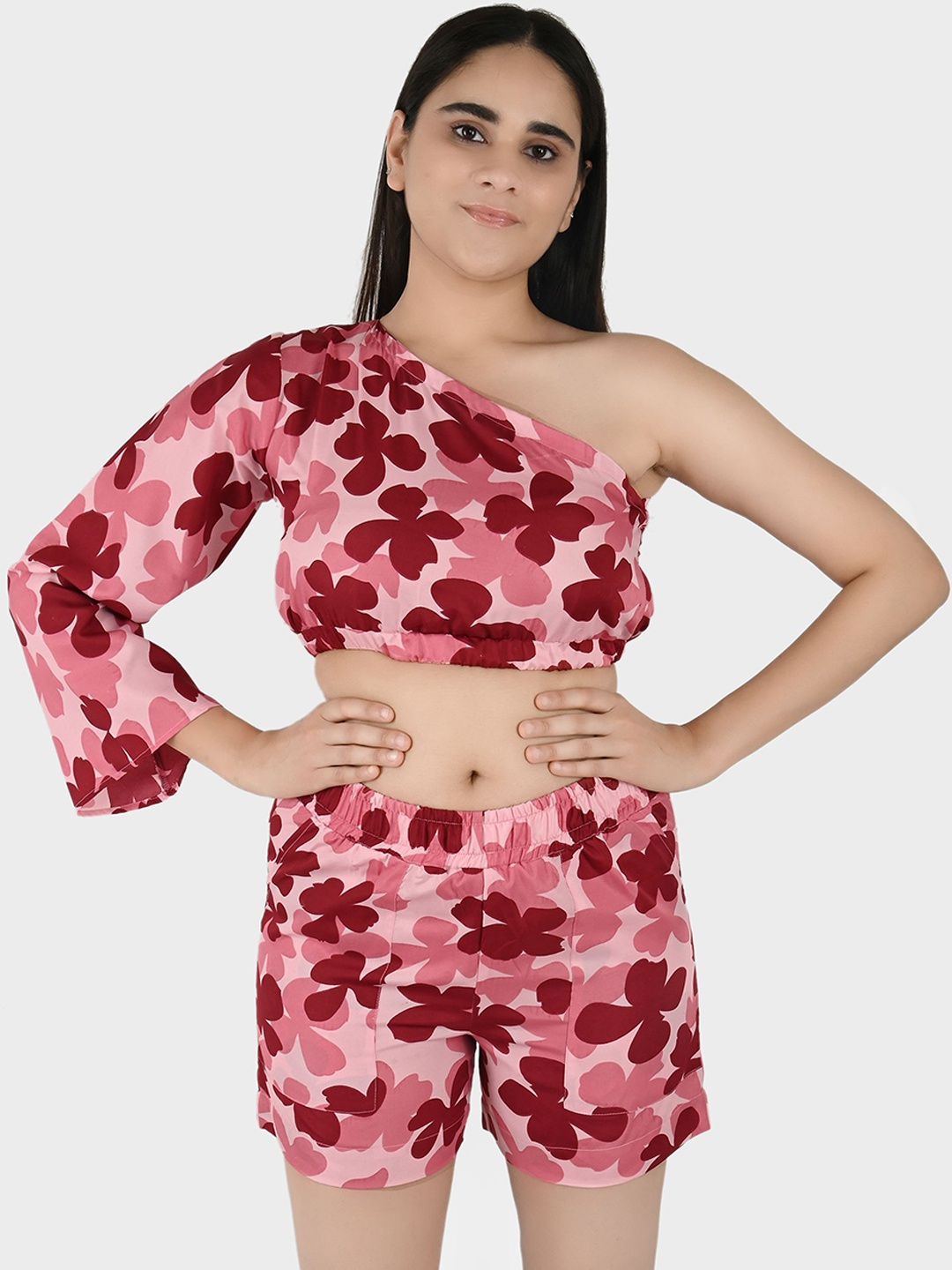 

Blissence Floral Printed One Shoulder Neck Long Sleeves Swimwear cover up Set, Pink