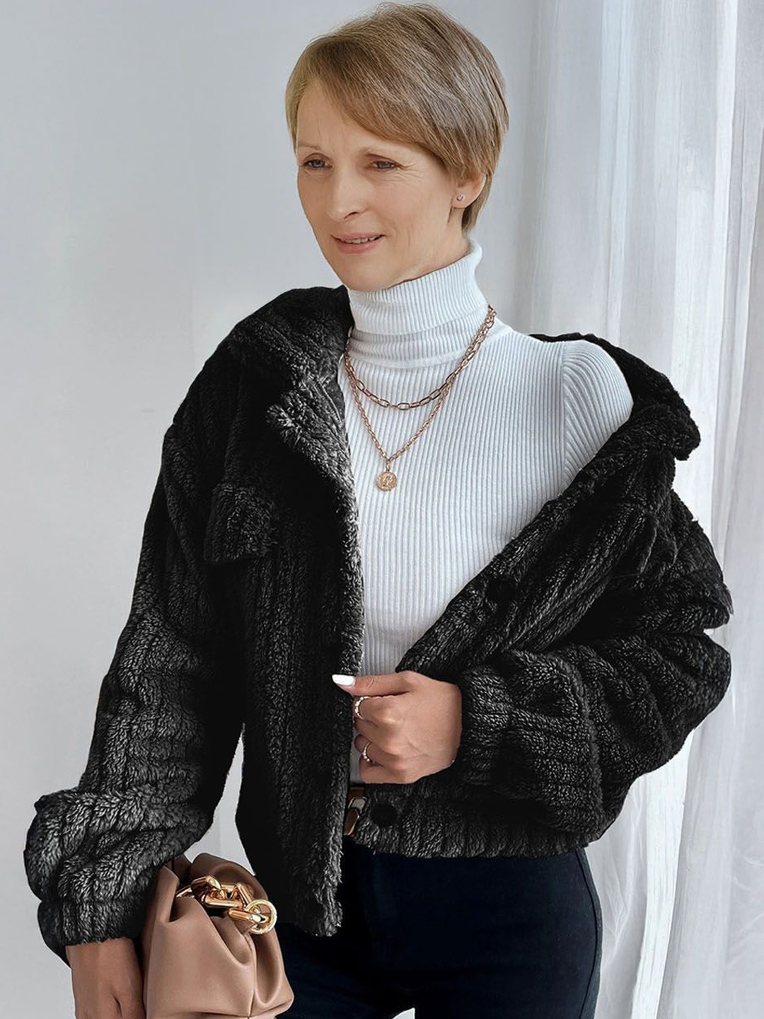 

StyleCast Women Polyester Crop Bomber with Patchwork Jacket, Black