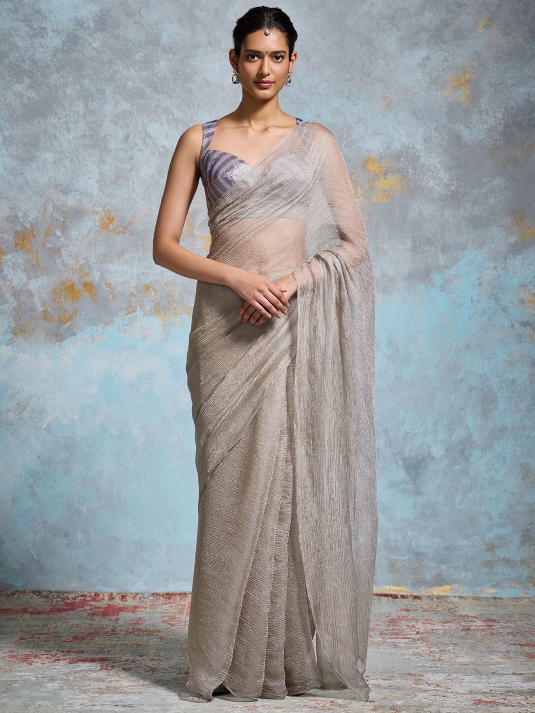 

Dressfolk Tissue Chanderi Saree With Blouse Piece, Silver