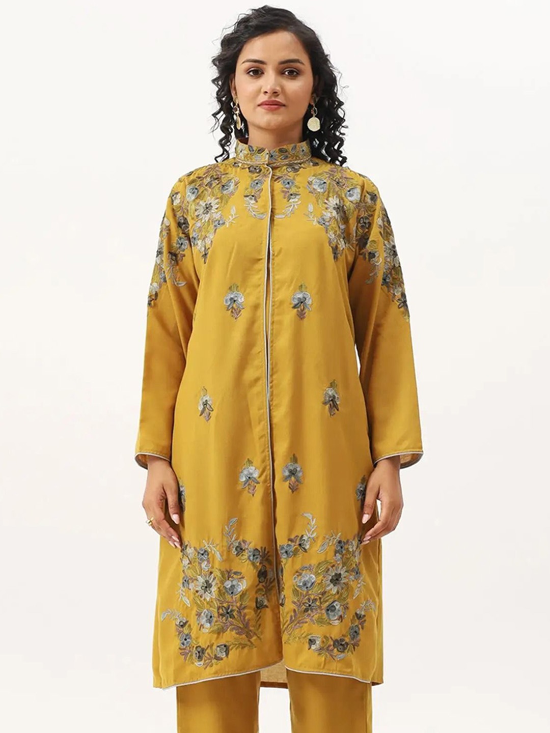 

Kashmir Box Mandarin Collar Embroidered Tunic with Trouser, Yellow