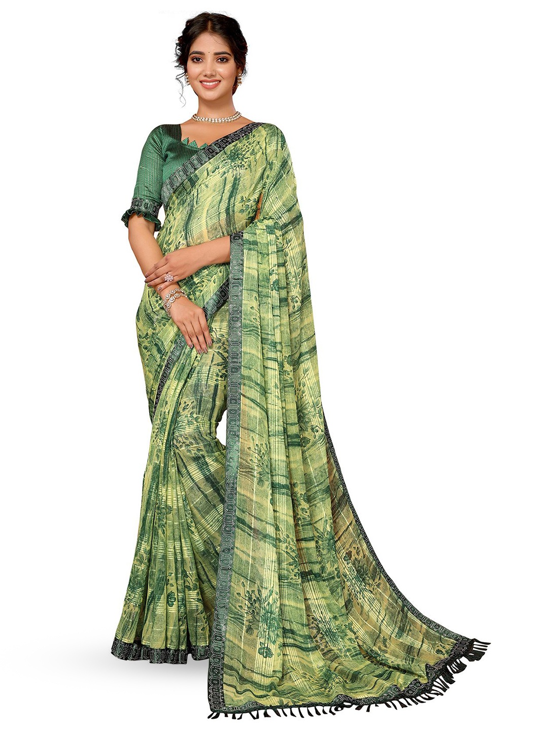 

KALINI Floral Sequinned Saree With Blouse Piece, Green