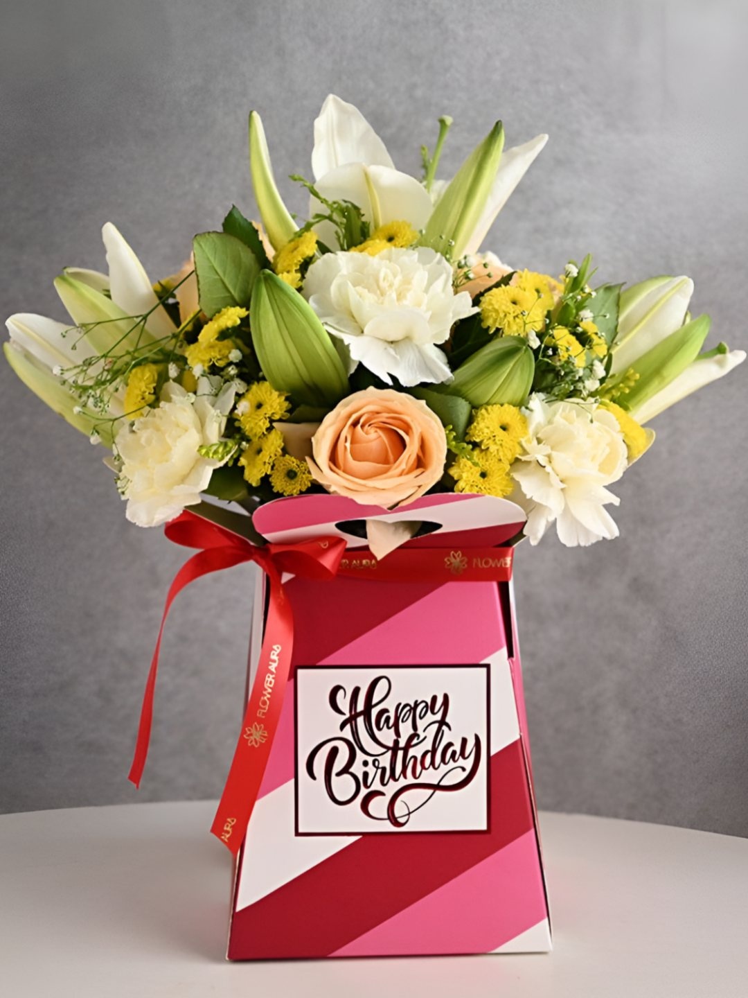 

Floweraura 13-Pcs White & Peach Daisies, Lily, Roses & Carnations Fresh Flowers Bouquet