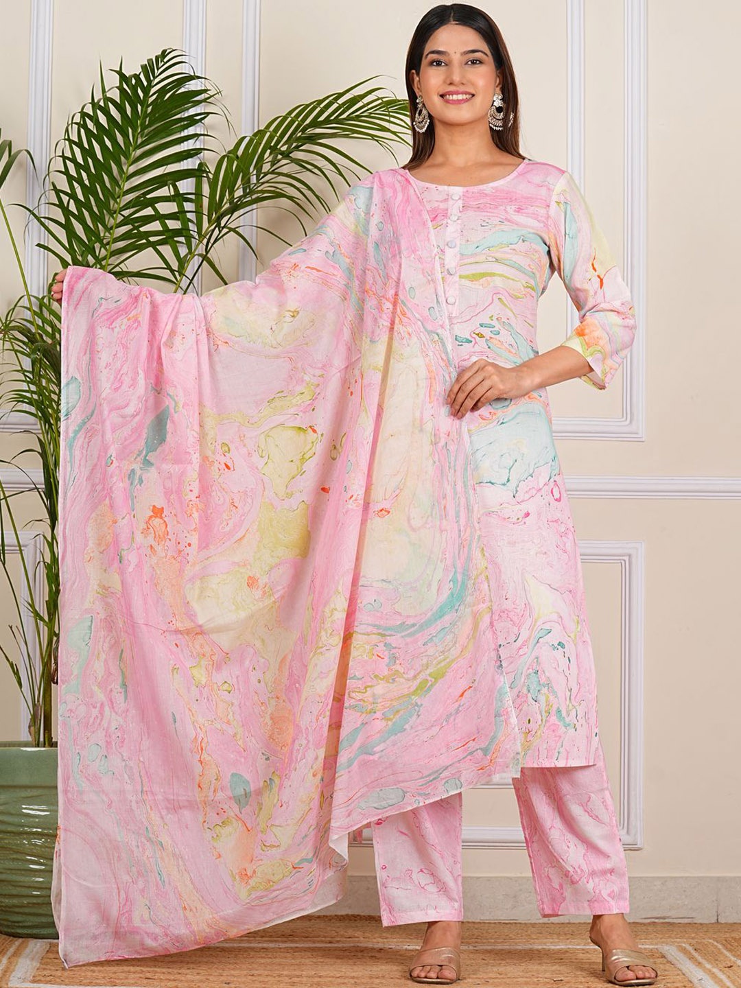 

Aarti Fashion Women Ethnic Motifs Printed Regular Pure Cotton Kurta with Trousers & With Dupatta, Pink