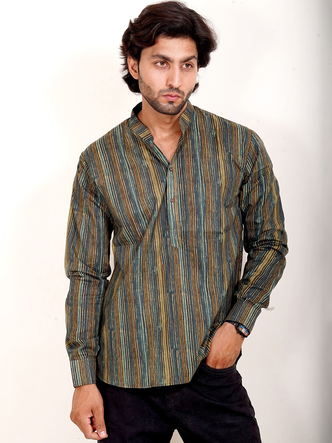 

The Kurta Studio Striped Mandarin Collar Pure Cotton Straight Short Kurta, Olive