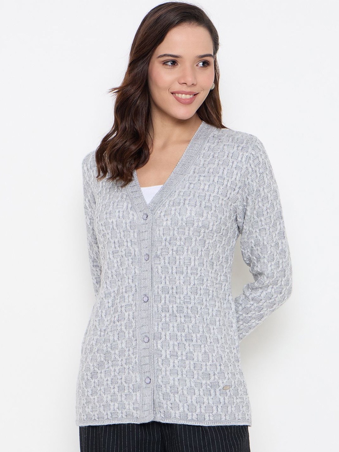 

Duke Women Self Design Cable Knit Cardigan, Grey