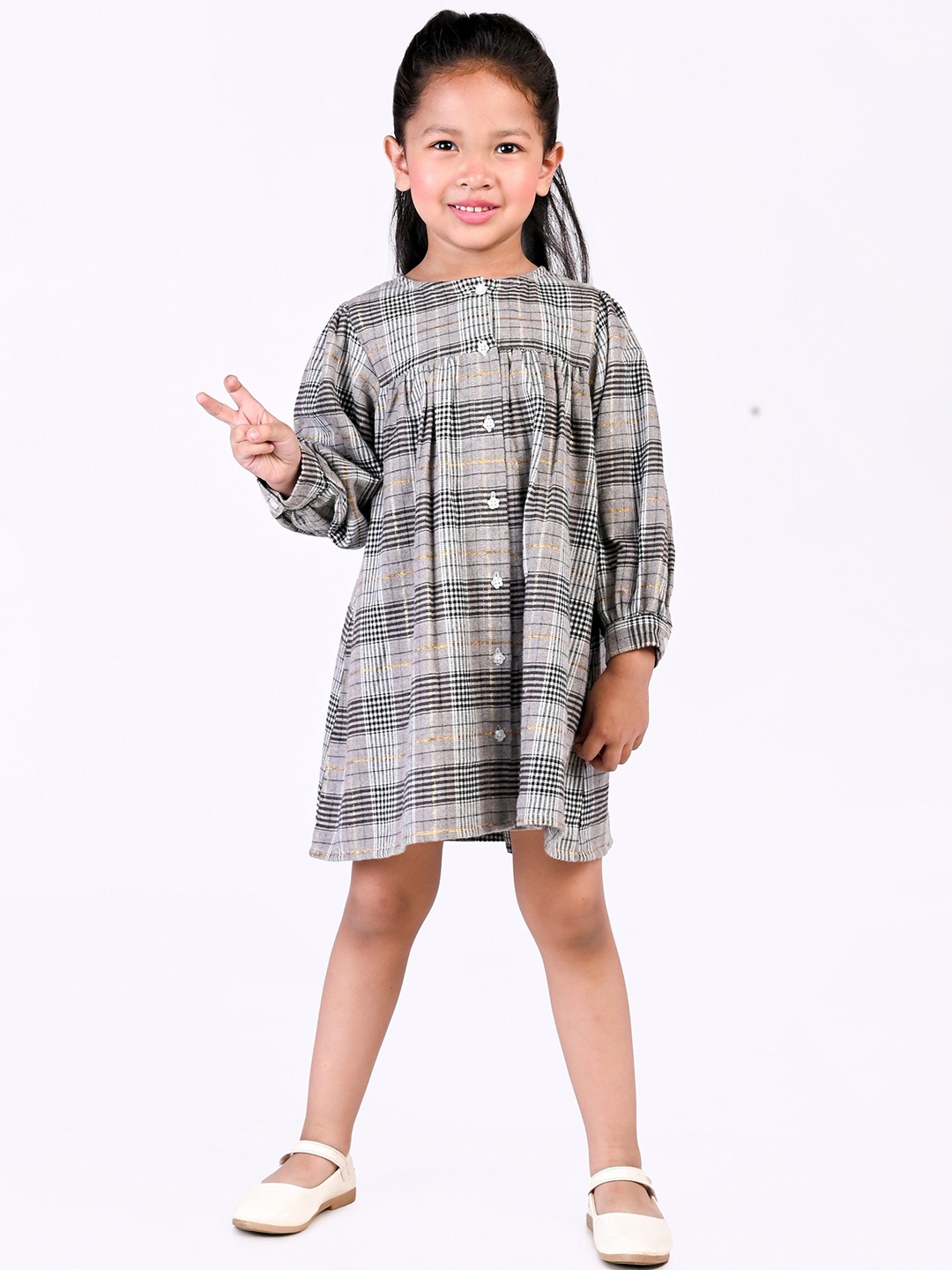 

Nature Nook Kids Girls Checked Cotton A-Line Dress, Grey