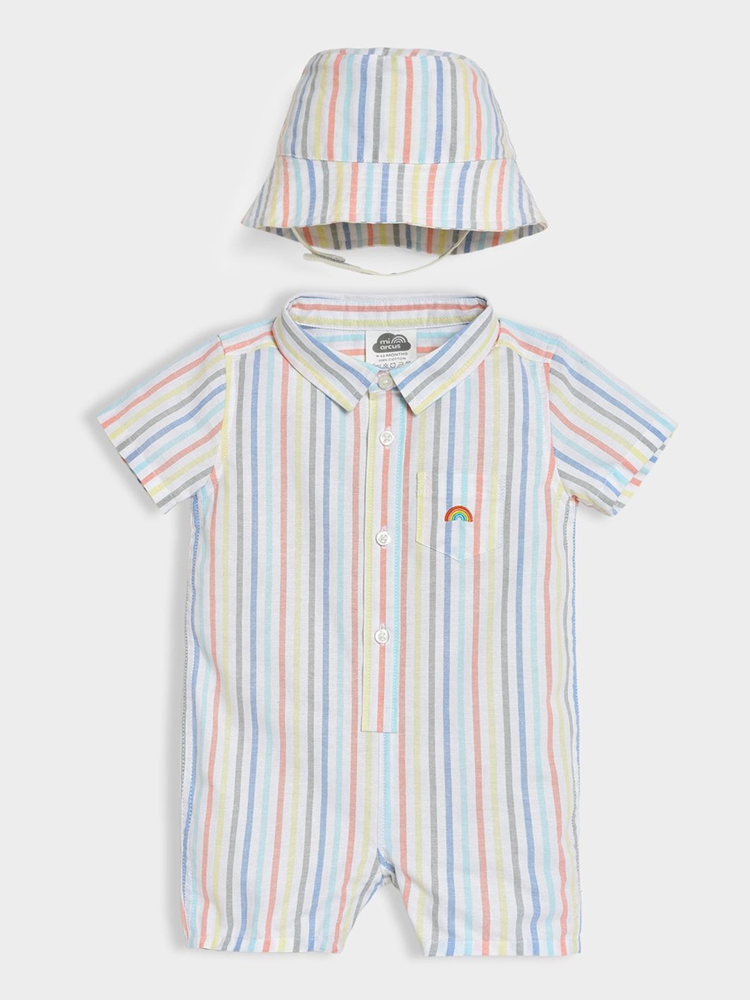 

MiArcus Kids Cotton Striped Basic Jumpsuit With Cap, Blue