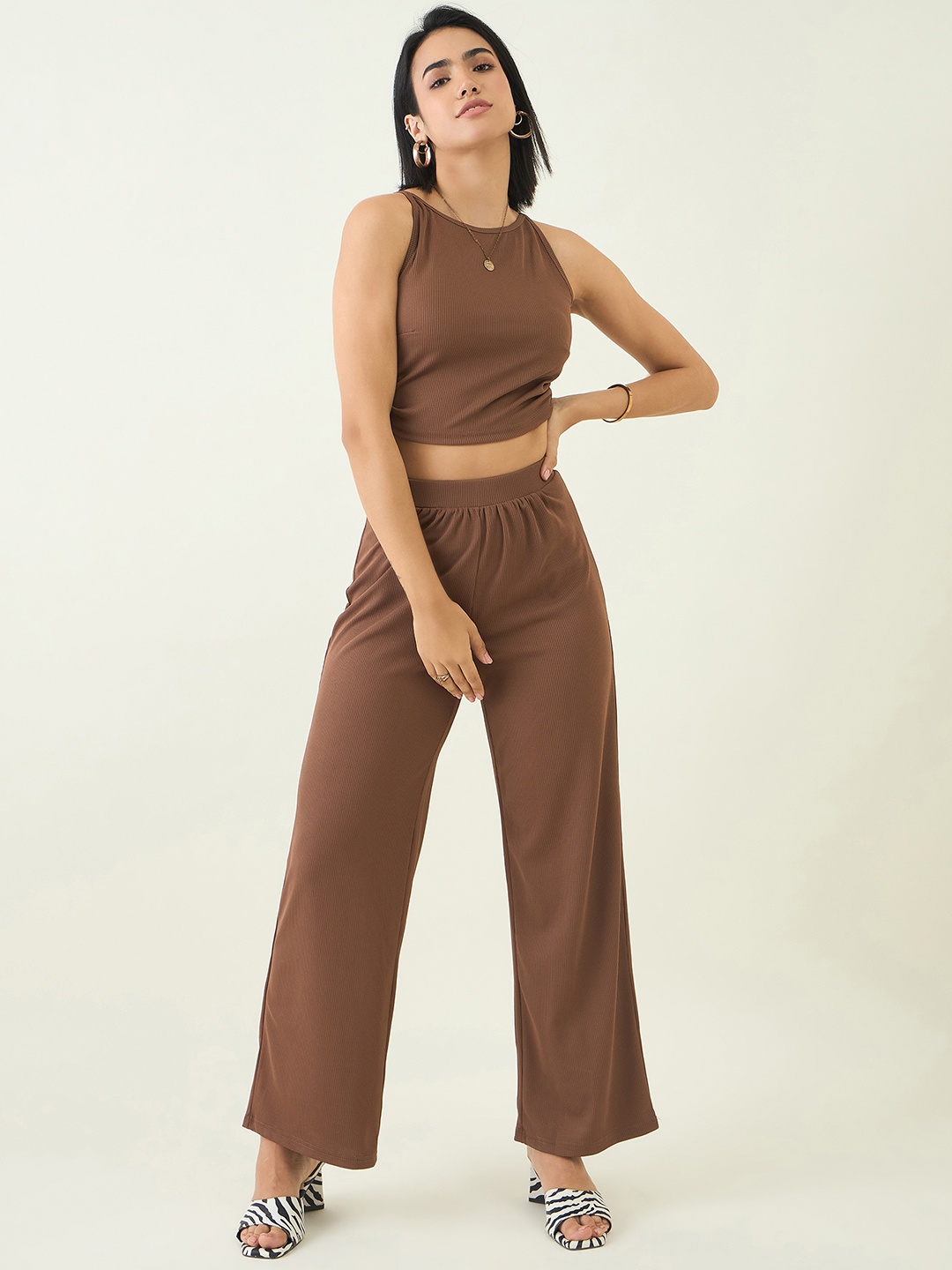 

aayu Round Neck Sleeveless Top With Trouser, Brown