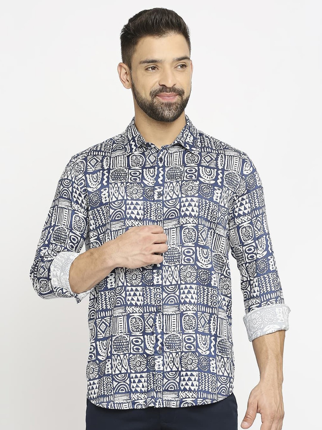 

Basics Men Slim Fit Opaque Printed Casual Shirt, Blue