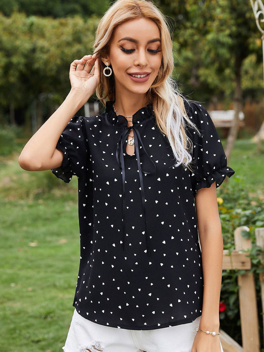 

StyleCast Women Printed Tie-Up Neck Puff Sleeves Top, Black