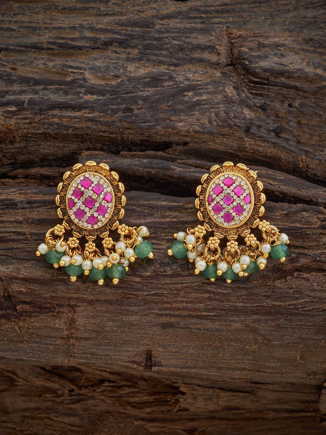 

Kushal's Fashion Jewellery Gold-Plated Stone Studded & Beaded Antique Drop Earrings