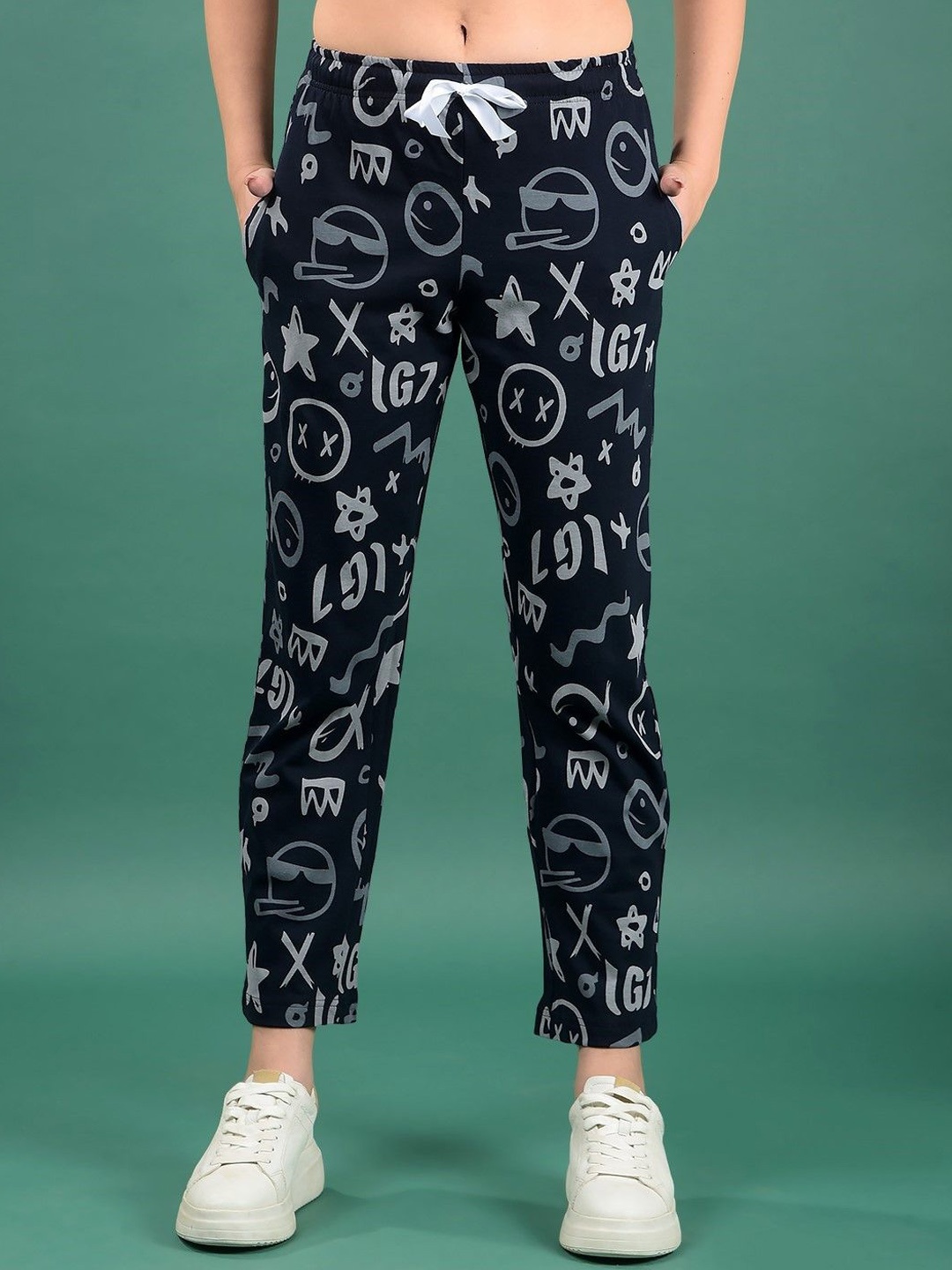 

Dollar Missy Printed Mid Rise Trousers, Navy blue