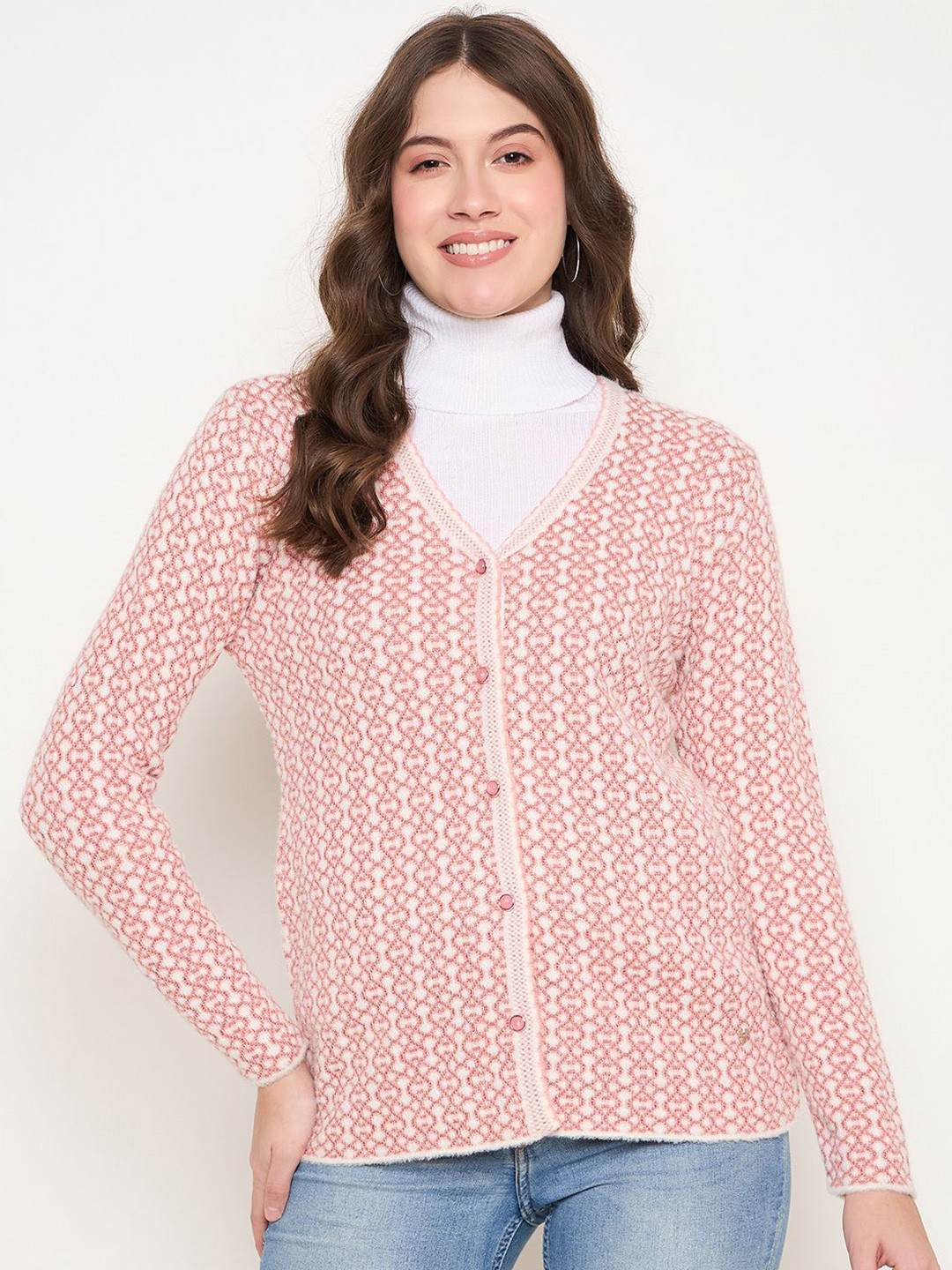 

Duke Women Self Design V-Neck Cardigan, Pink