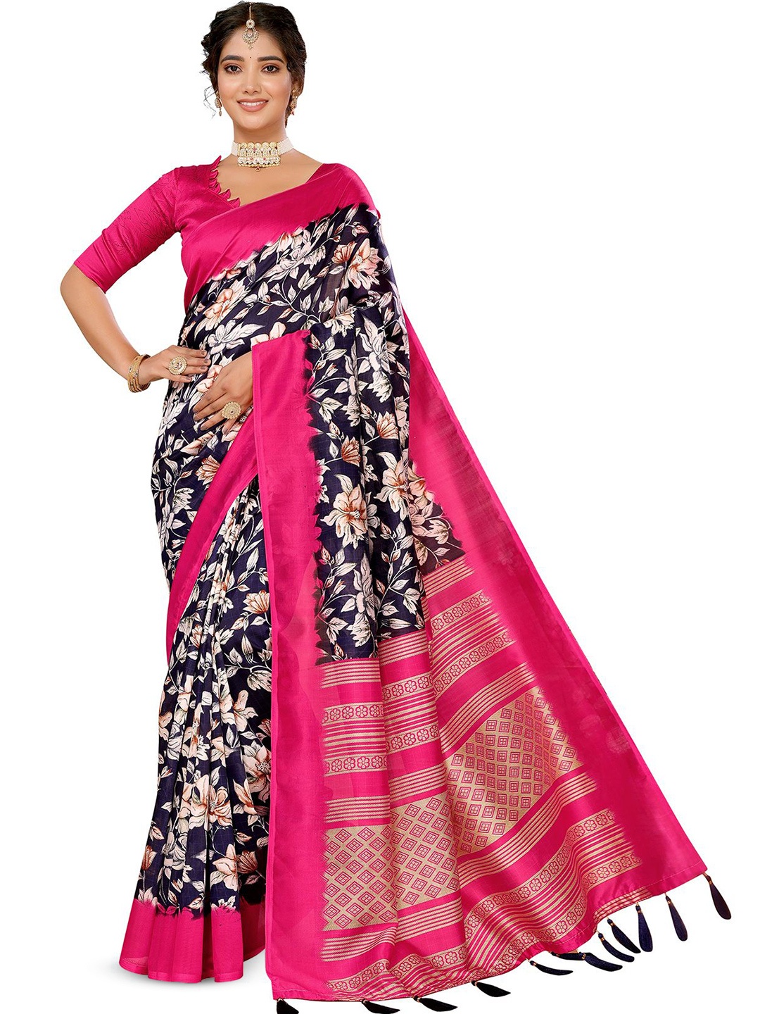 

KALINI Floral Printed Saree With Tassels, Navy blue