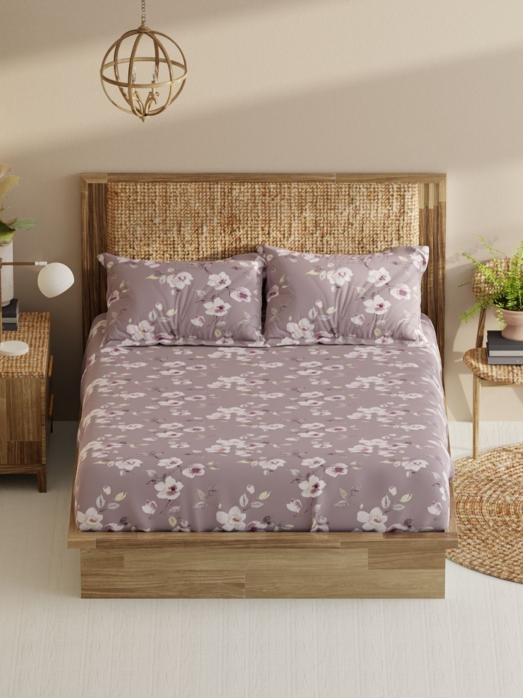 

BIANCA Purple & White Floral Pure Cotton 210 TC King Bedsheet Set 2.29 m X 2.74 m