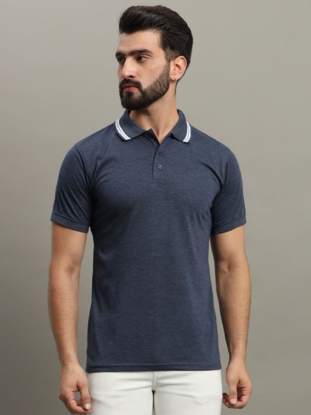 

GET GOLF Men Solid Polo Collar Cotton T-shirt, Navy blue