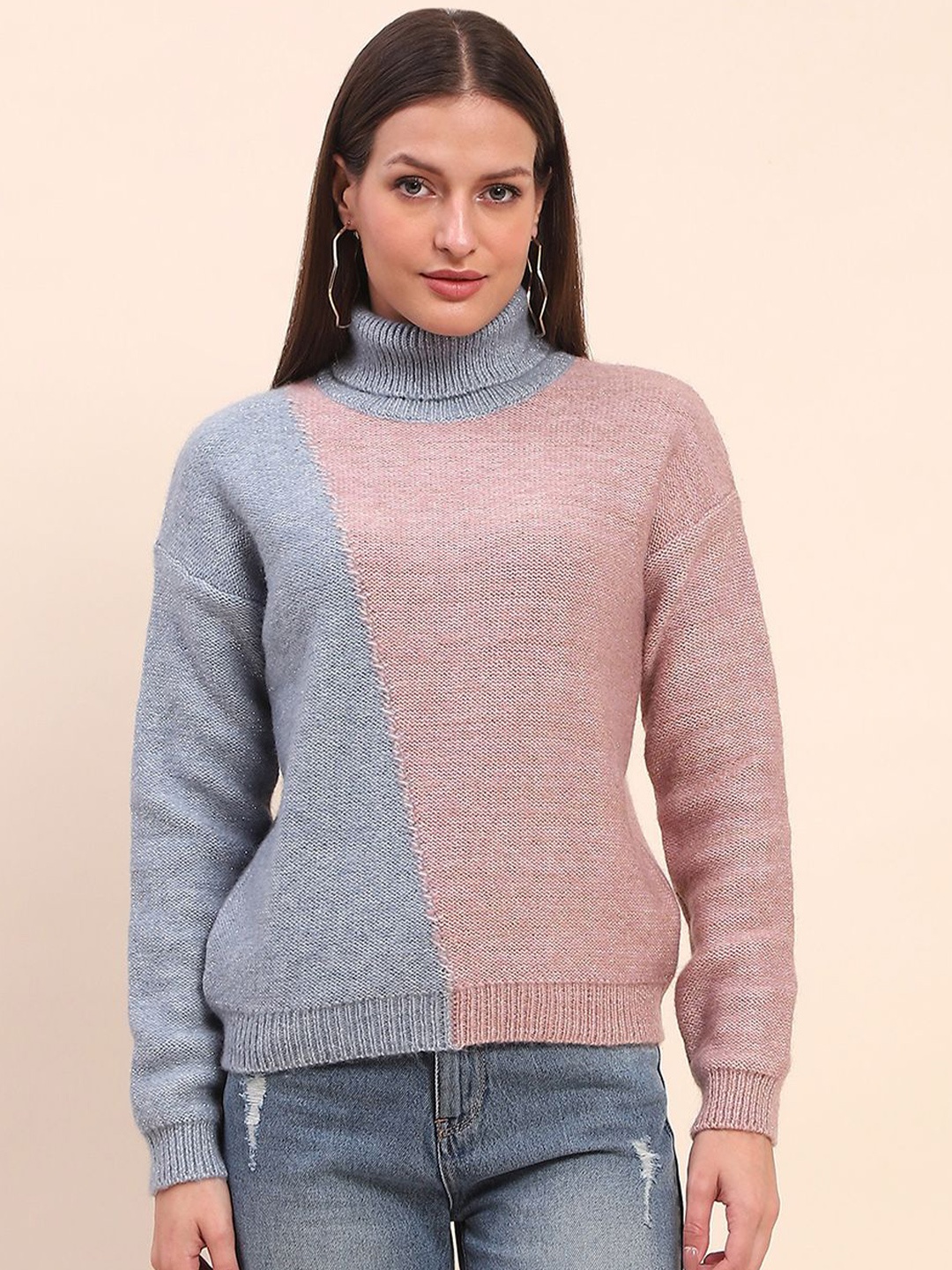 

CAMLA Women Colourblocked Turtle Neck Pullover, Peach