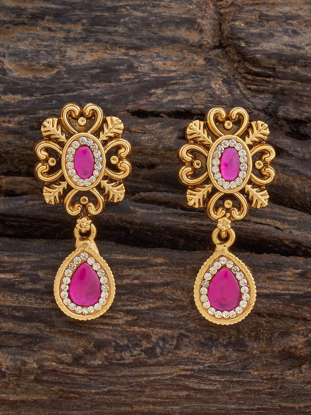 

Kushal's Fashion Jewellery Gold-Plated Teardrop Shaped Stone Studded Antique Drop Earrings