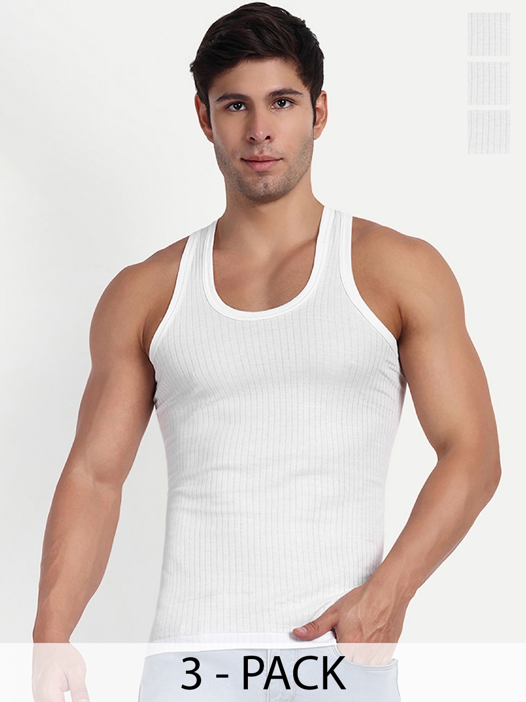 

KANSAL Men Pack Of 3 Striped Cotton Gym Vests 15-PARKER_P3, White