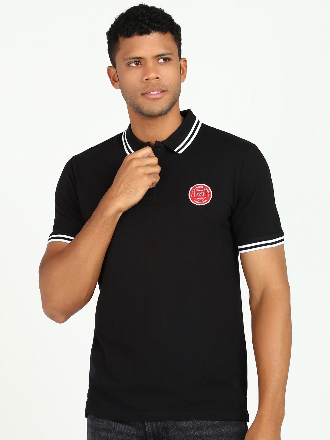 

Provogue Men Polo Collar Applique Slim Fit T-shirt, Black