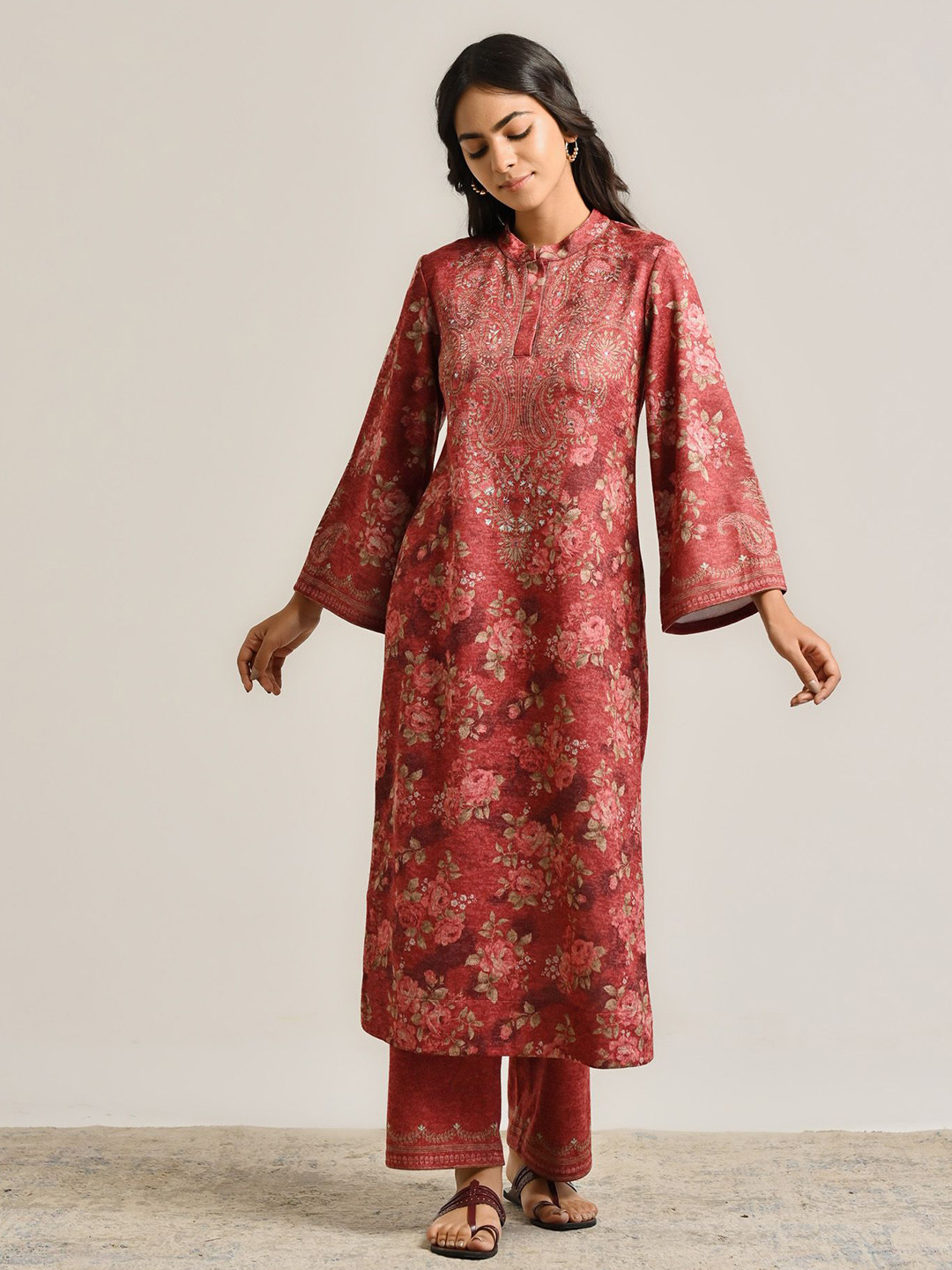 

Rustorange Floral Printed Pure Wool Straight Kurta with Salwar, Red