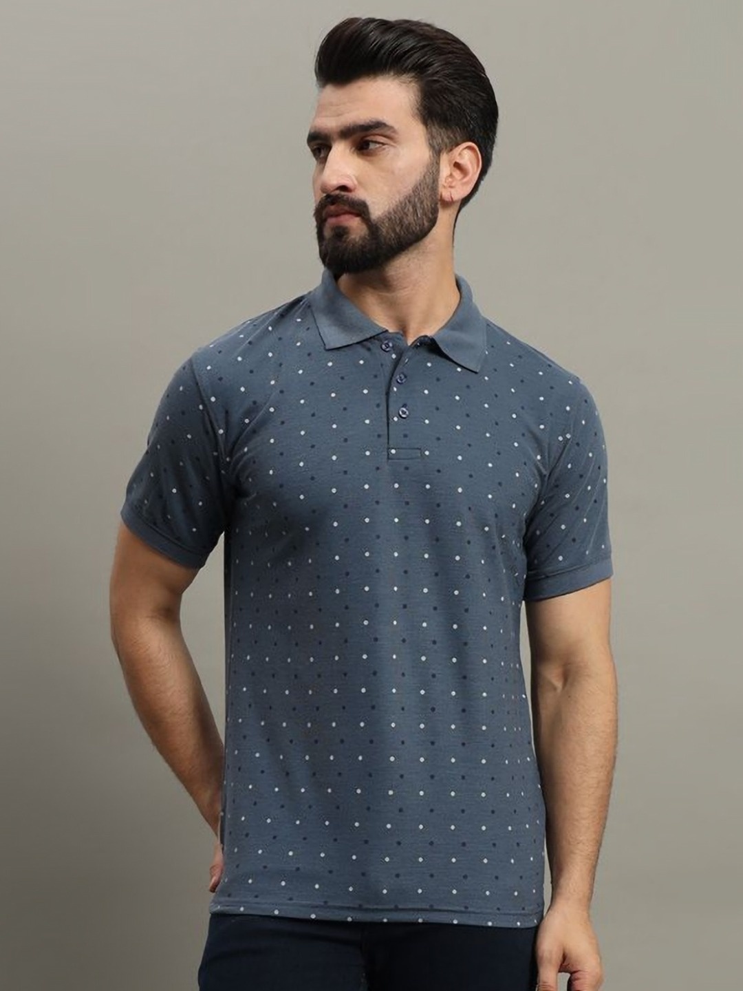 

GET GOLF Men Geometric Printed Polo Collar Cotton T-shirt, Grey