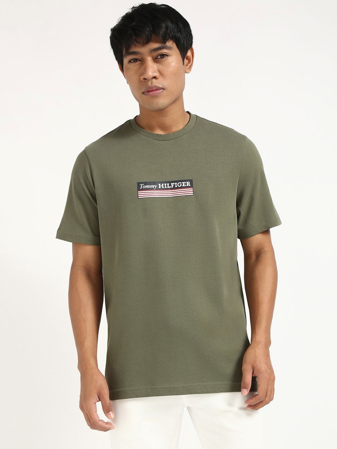 

Tommy Hilfiger Men Typography Printed Round Neck Cotton T-shirt, Green
