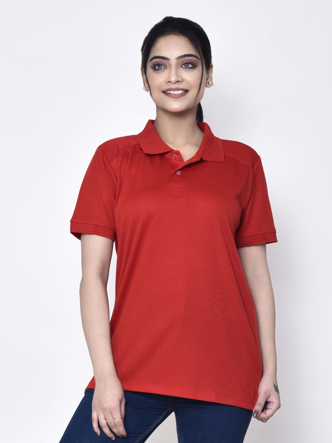 

RAPL Women Polo Neck Collar T-shirt, Red