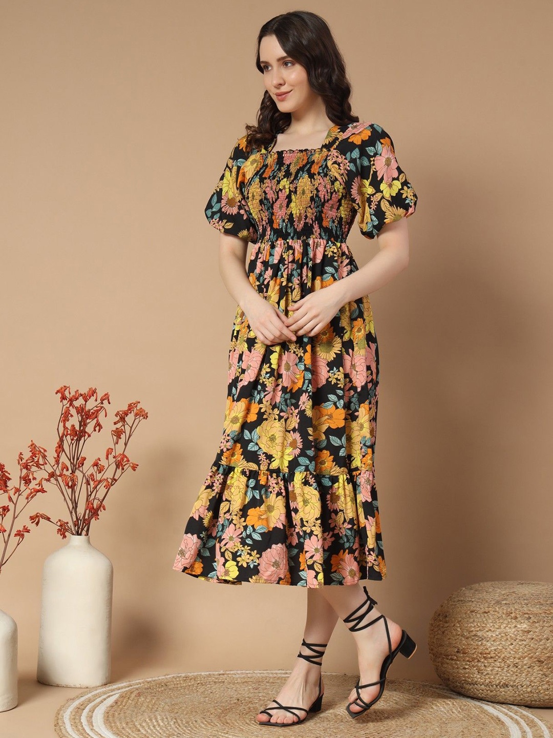 

Femvy Women Printed Puff Sleeves Fit & Flare Dress, Yellow