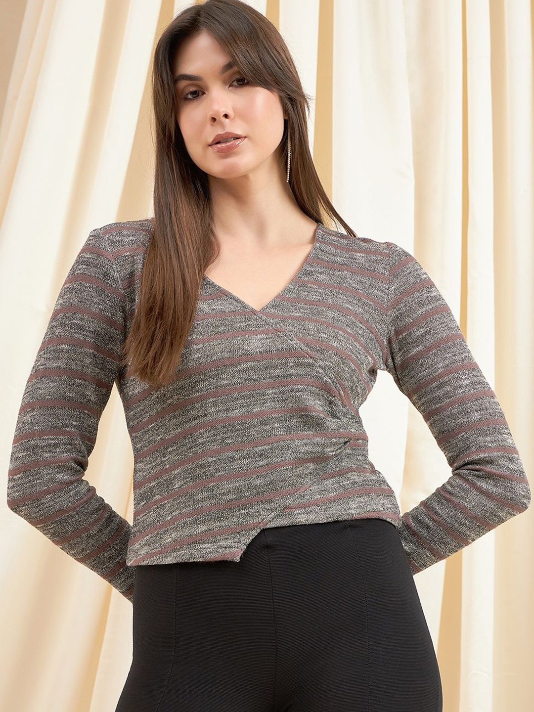 

Kibo Women Striped V-Neck Long Sleeves Wrap Crepe Top, Brown