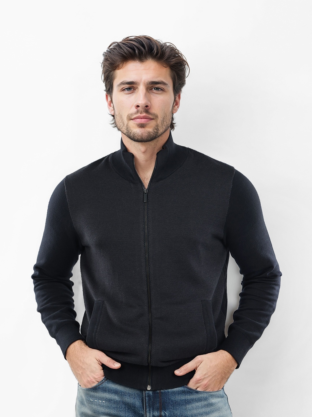 

Celio Men Cotton Mock Collar Cardigan Sweaters, Black
