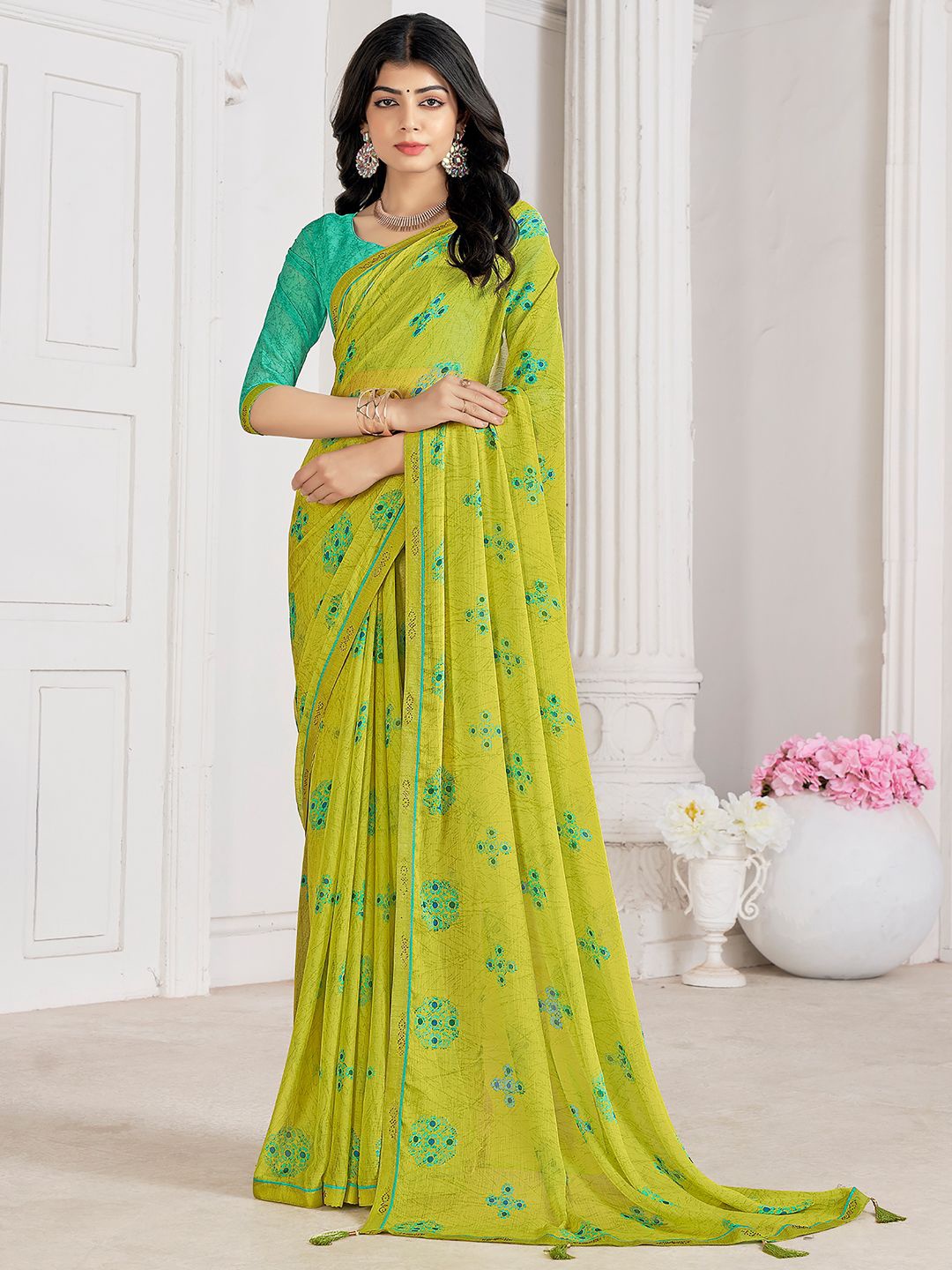 

Mitera Floral Printed Beads and Stones Saree, Green