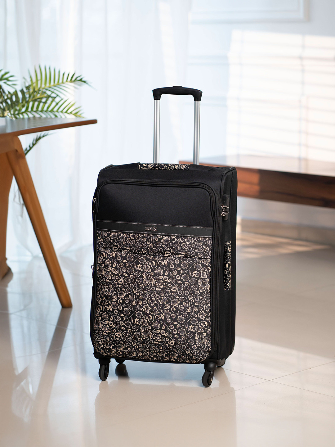 

ZOUK Avasa Floral Motif Printed Soft-Sided Medium Trolley Bag, Black