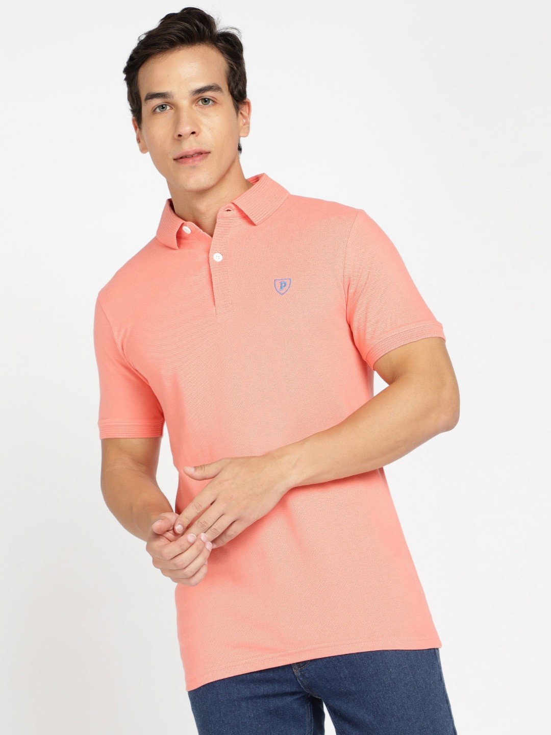 

Provogue Men Polo Collar Applique Slim Fit T-shirt, Peach