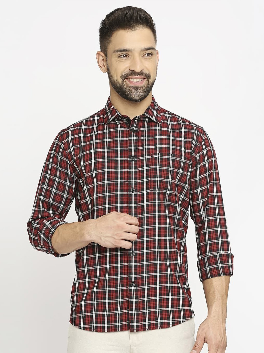 

Basics Men Slim Fit Shepherd Checks Opaque Checked Casual Shirt, Red