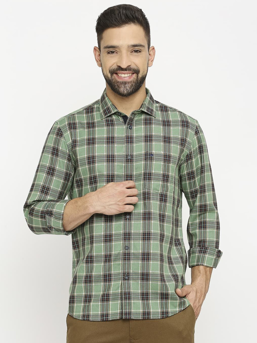 

Basics Men Slim Fit Shepherd Checks Opaque Checked Casual Shirt, Green