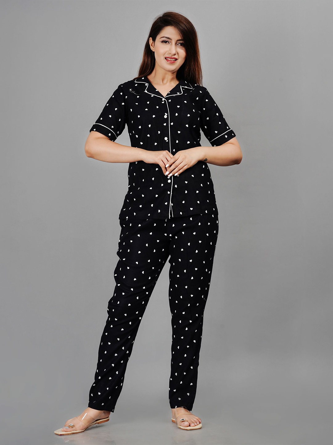 

Dreambe Women Printed Lapel Collar Shirt With Pyjama Nightsuit, Black