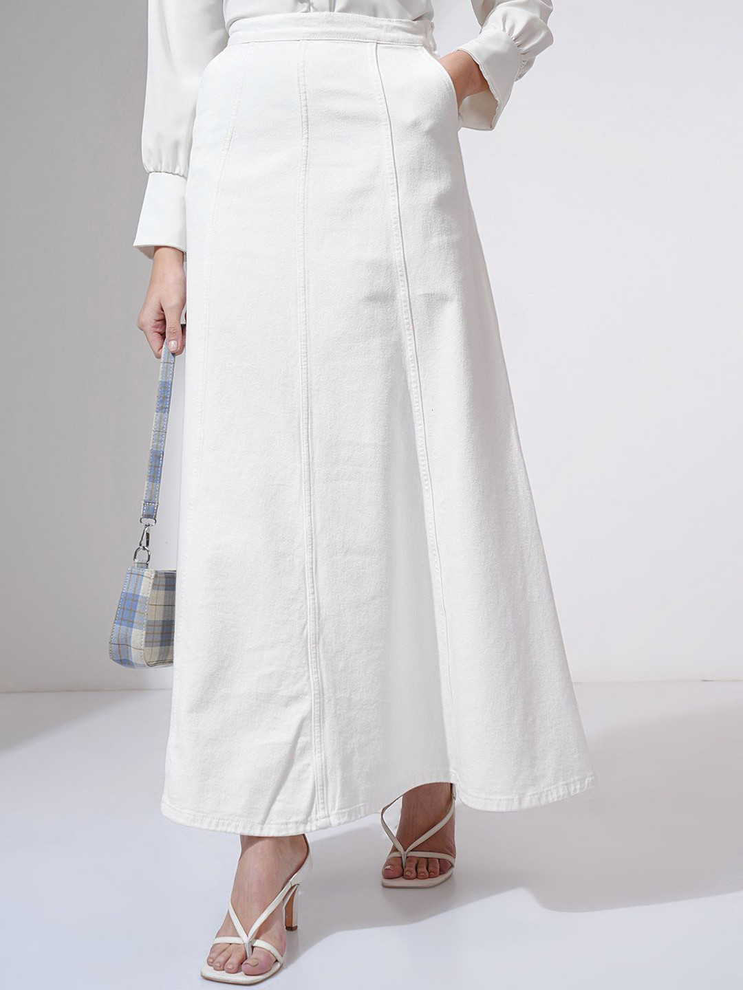 

Tokyo Talkies Women Denim Mid-Rise A-Line Midi Skirt, White