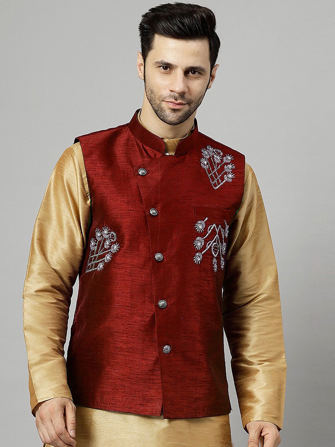 

Utsav Fashion Men Embroidered Woven Nehru Jacket, Maroon