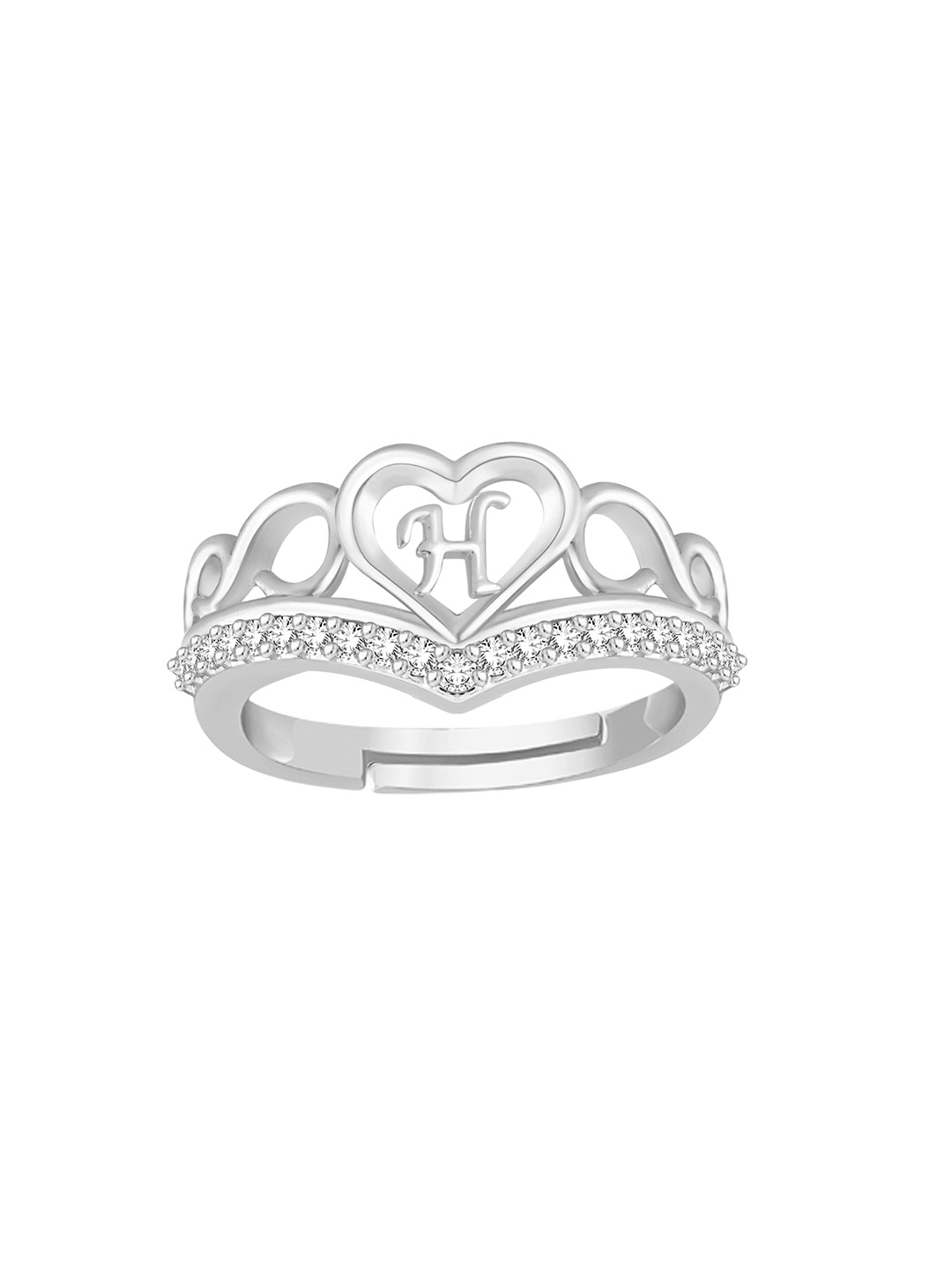 

Lila Unisex Silver-Plated Cubic Zirconia Stone Studded Alphabet H Adjustable Finger Ring