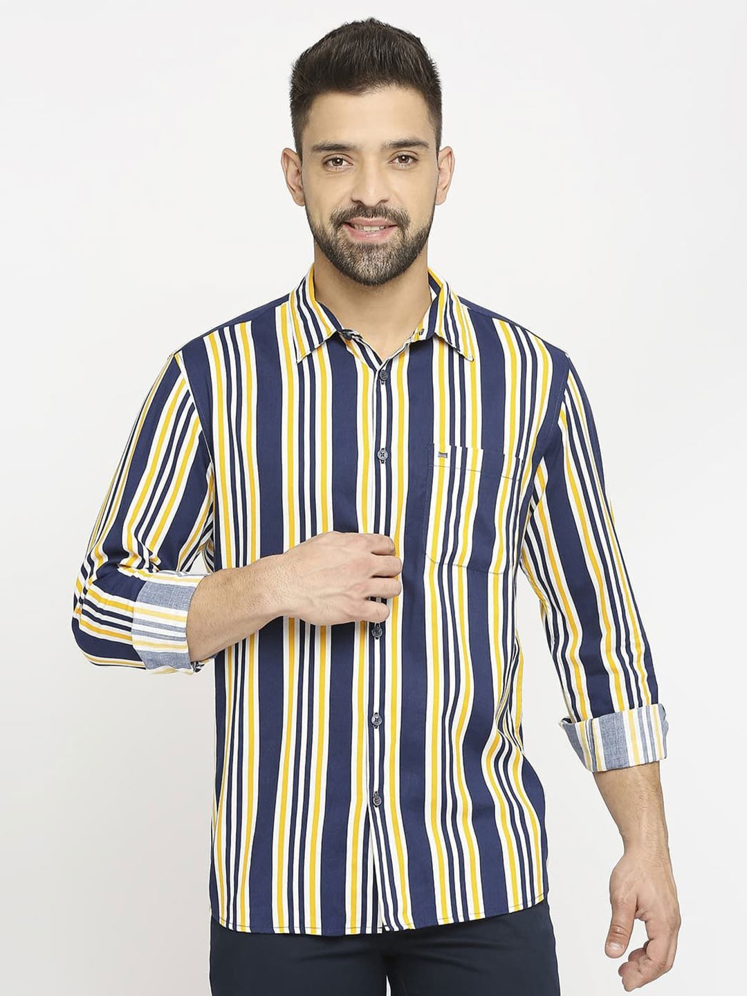 

Basics Men Slim Fit Opaque Striped Casual Shirt, Yellow