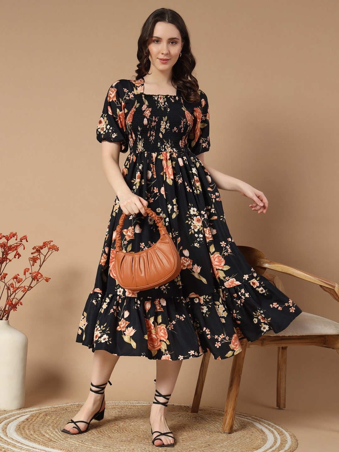 

Femvy Women Floral Printed Fit & Flare Midi Dress, Black