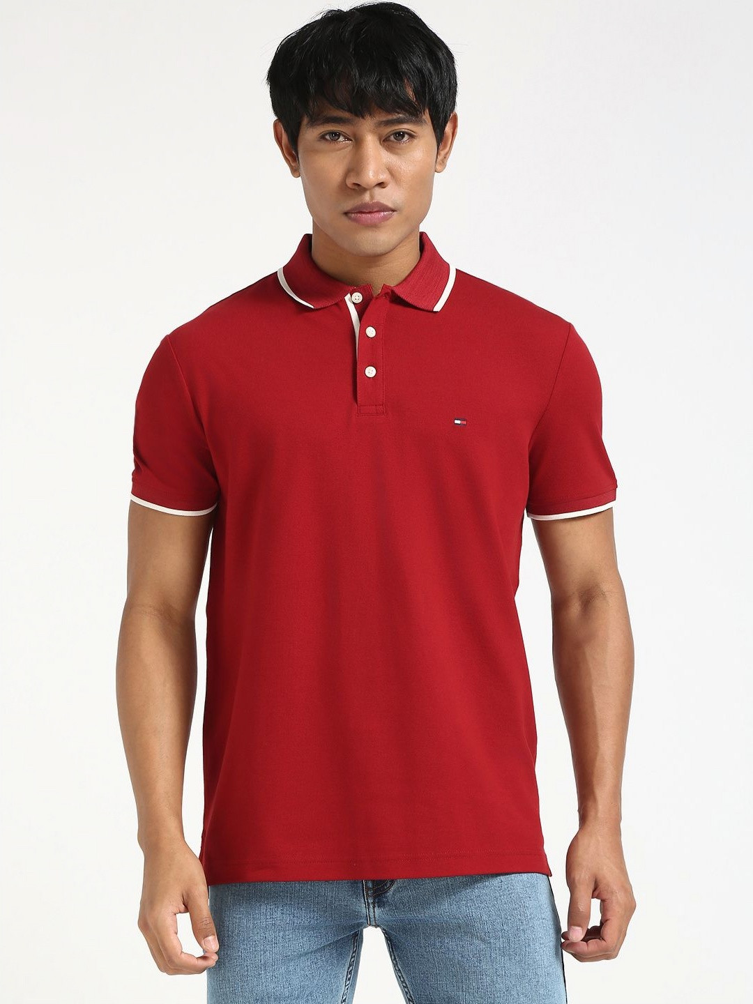 

Tommy Hilfiger Men Solid Polo Collar Cotton T-shirt, Red