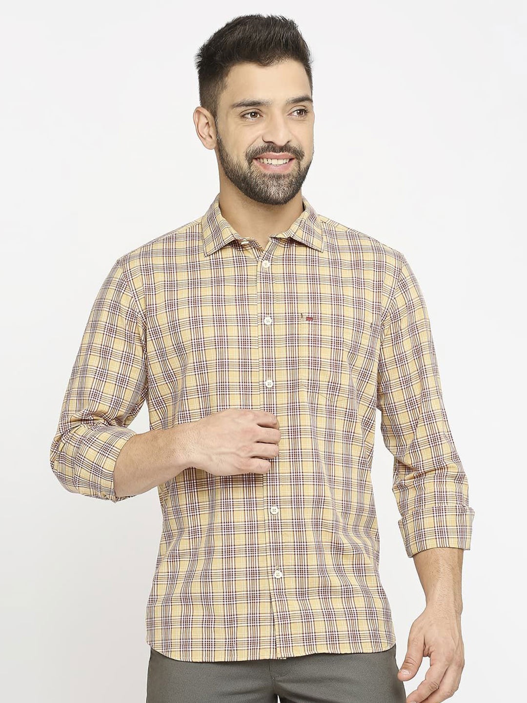

Basics Men Slim Fit Shepherd Checks Opaque Checked Casual Shirt, Beige