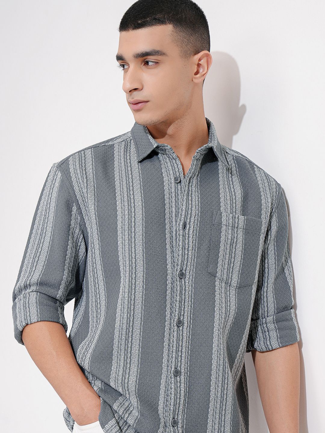 

HIGHLANDER Men Opaque Striped Casual Shirt, Grey