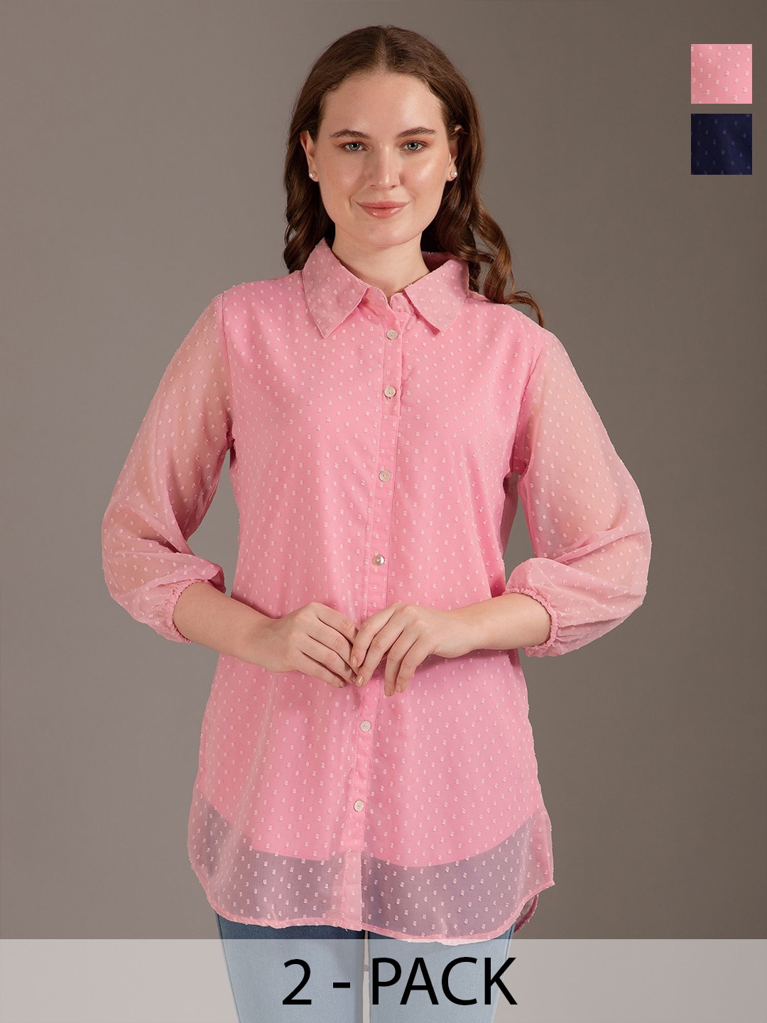 

Louis Bayrad Women Pack Of 2 Self Design Shirt Collar Tunic, Pink